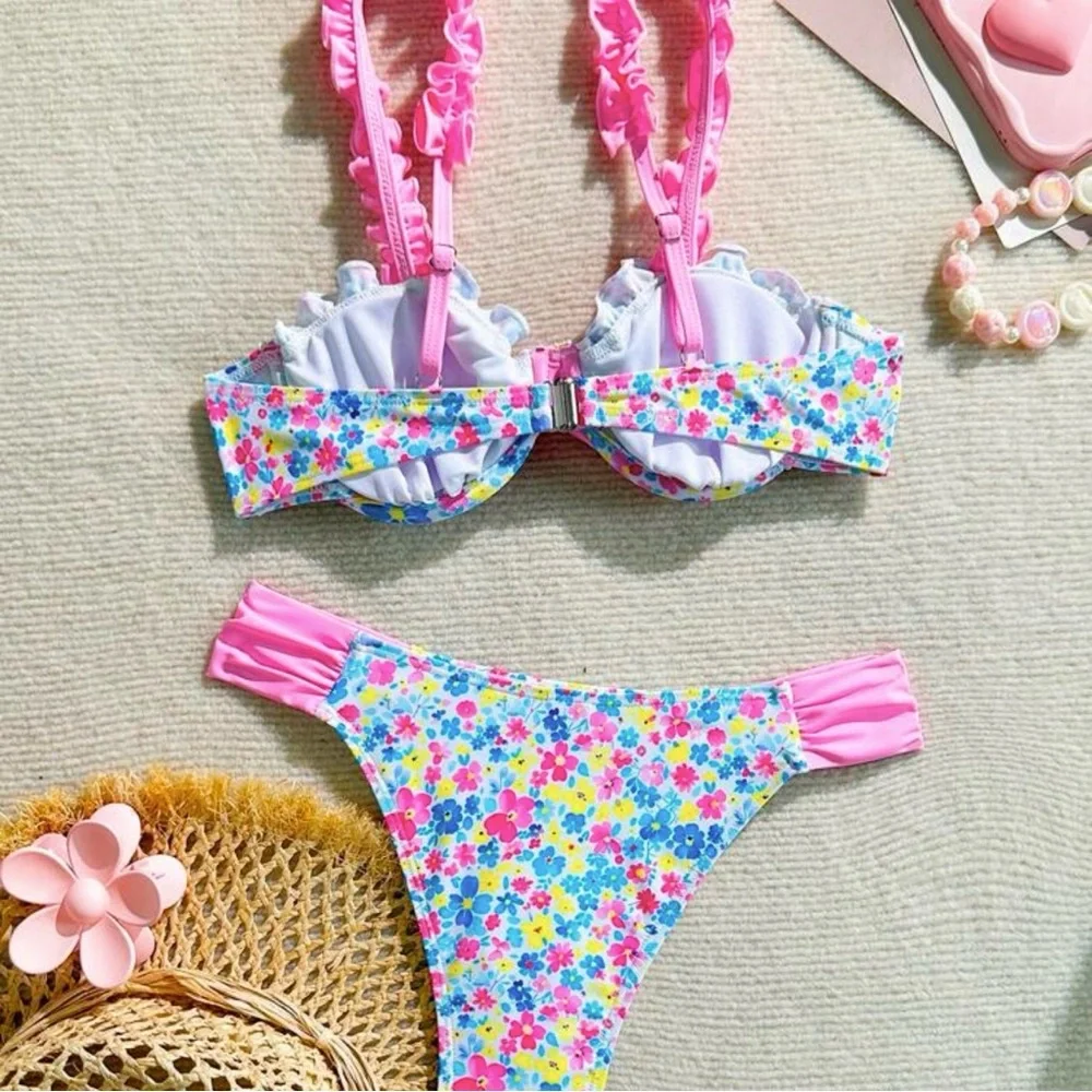 Coquette Girl Bikini Set with Pink Bow & Ruffles